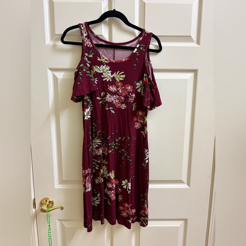 Floral Cold Shoulder Dress - Burgundy